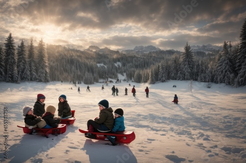 Group of children sliding down the hill on tubing sleds outdoors, winter day, ride down the hills, winter games and fun. Old Vintage style illustration