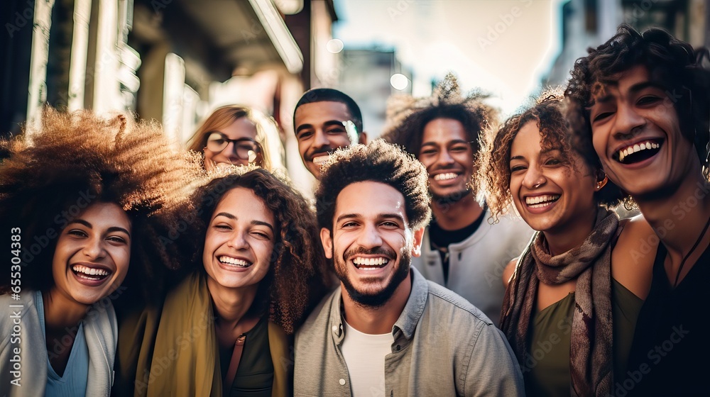 In a bustling city, diverse individuals from various countries and races come together, their faces glowing with genuine joy. Sharing a moment of clarity and love, they pose as a symbol of unity and e - obrazy, fototapety, plakaty 