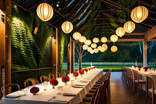 decoration on garden with lamps ,lights with moon on the lake side amazing view with table and chairs 