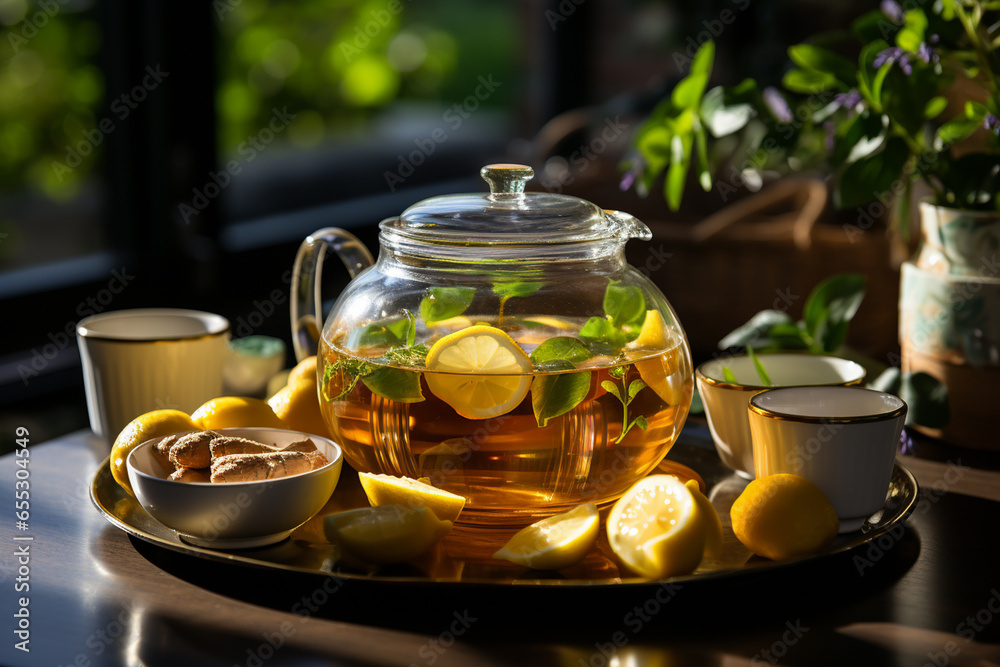 Tea in the glass pot with ginger root, lemon and honey. AI Generative Tea in the glass pot with ginger root, lemon and honey. AI Generative