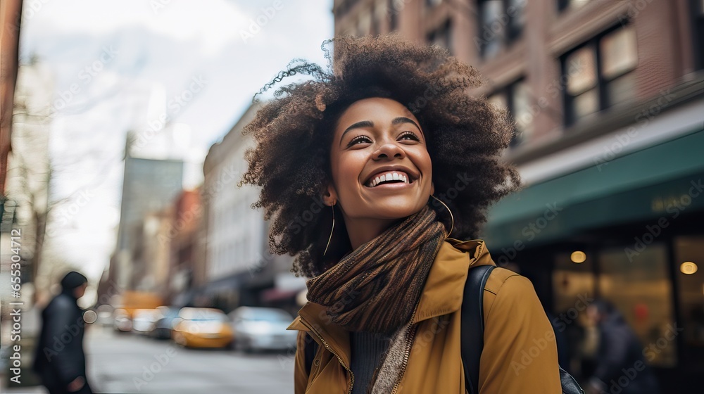 Amidst the city's bustling life, a woman radiates pure joy, her smile brimming with clarity and serenity, standing as a beacon of hope. Generative AI.