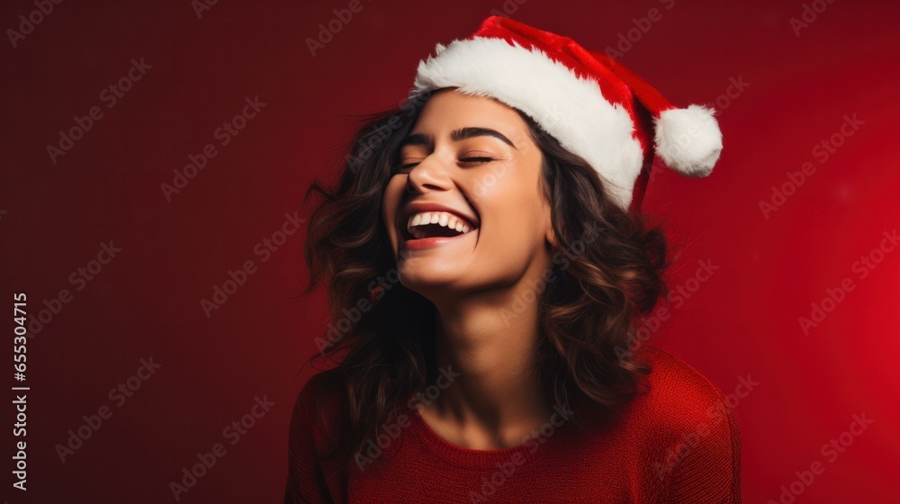 happy dancing woman wearing a santa's hat for christmas on red background with copy space happy dancing woman wearing a santa's hat for christmas on red background with copy space