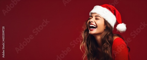 happy dancing woman wearing a santa's hat for christmas on red background with copy space