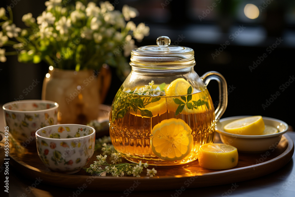 Tea in the glass pot with ginger root, lemon and honey. AI Generative Tea in the glass pot with ginger root, lemon and honey. AI Generative