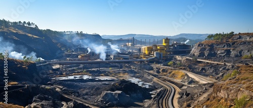 Manufacturing plant for cement on a mining quarry. Stones and gravel are loaded onto a conveyor belt by large equipment..