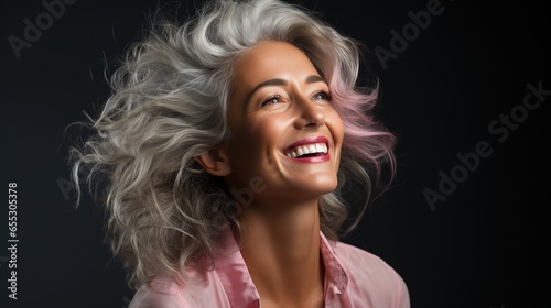 Beautiful Senior Model Woman in Her 50s 60s with Grey Hair Laughing and Smiling Against a Dark Background, Embracing Beauty, Confidence, and Joyful Aging in Happy Retirement 