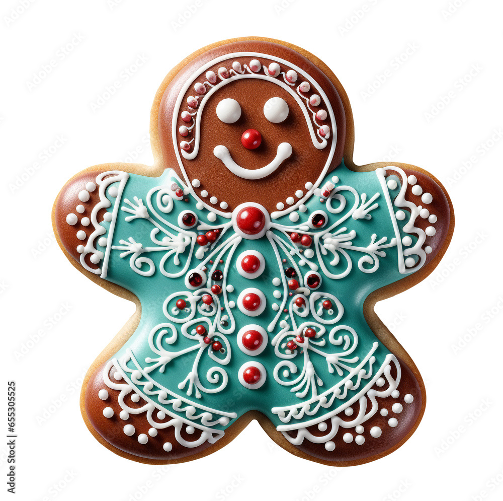 Beautifully Decorated Christmas Holiday Gingerbread Man Cookies. Transparent PNG.