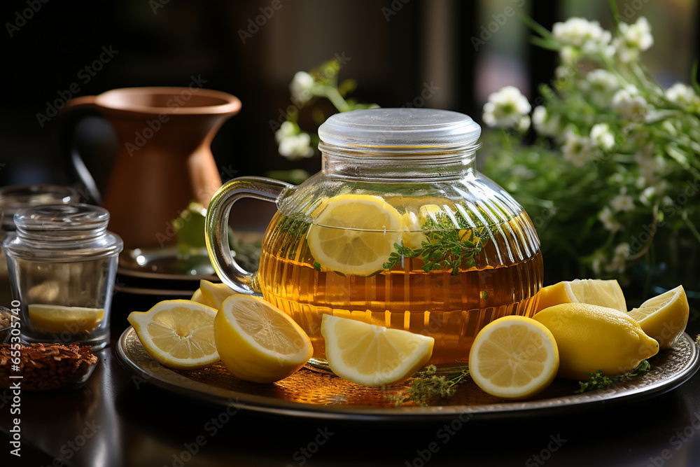 Tea in the glass pot with ginger root, lemon and honey. AI Generative Tea in the glass pot with ginger root, lemon and honey. AI Generative