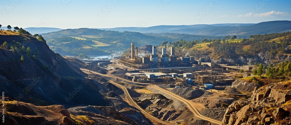Manufacturing plant for cement on a mining quarry. Stones and gravel are loaded onto a conveyor belt by large equipment.. - obrazy, fototapety, plakaty 