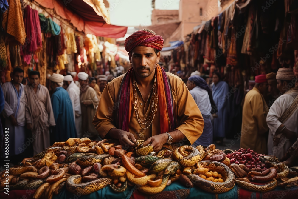 A vibrant poster depicting a bustling outdoor market in Marrakech, Morocco. The scene is filled with a kaleidoscope of colors. Generated with AI