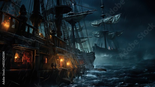 The legendary Flying Dutchman sails the darkened seas, its ghostly silhouette illuminated only by moonlight, embodying maritime myths of timeless curses. Generative AI.