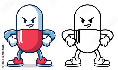 Angry Pill capsule cartoon character pharmacy vector illustration, Cartoon medicine red capsule colored and black and white line art stock vector image