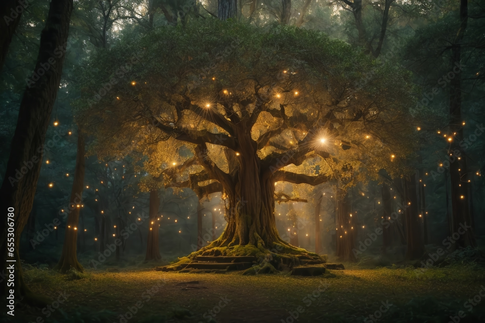 An enchanting forest illuminated by the soft, golden light of fireflies. The trees are ancient and gnarled, their trunks covered in intricate carvings. Generated with AI - obrazy, fototapety, plakaty 