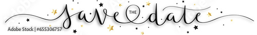 SAVE THE DATE black and gold brush calligraphy banner on transparent background