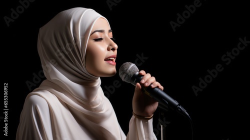 Hijab Woman Wearing White Singing Using Microphone in Black Isolated Background