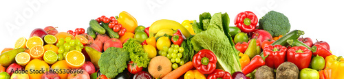 Wide collage of fresh fruits and vegetables for layout isolated on white background.