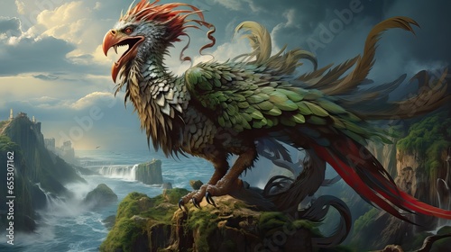 The mythical basilisk, with its rooster’s head and serpent’s body, stands imposingly, a symbol of dread and power from ancient tales. Generative AI.