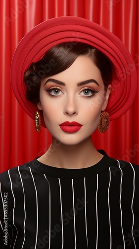 Young woman painted her lips on a pink background while wearing a red beret..