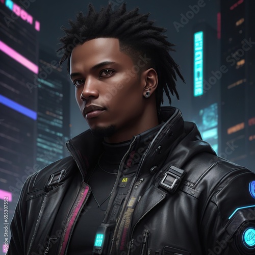 A cyberpunk avatar in a neon-lit city. The suit has blue lights and a high collar. A photo realistic image of a cyberpunk style avatar.