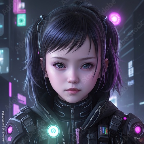A cyberpunk avatar in a neon-lit city. The suit has blue lights and a high collar. A photo realistic image of a cyberpunk style avatar.
