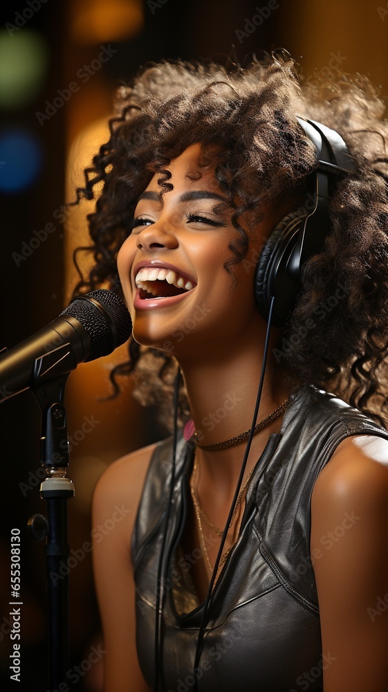 Young black performer practising in a recording studio. Young black performer practising in a recording studio.