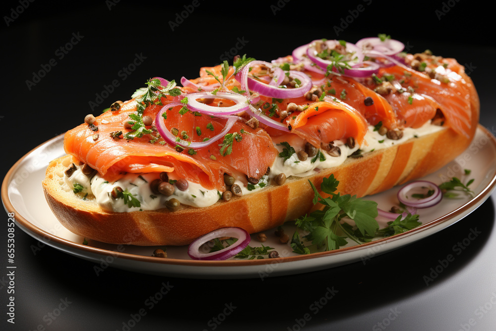 Bruschetta with salmon. Breakfast toast with cream cheese, salmon, capers and greens on a plate, macro close-up. Keto diet recipe. AI generative