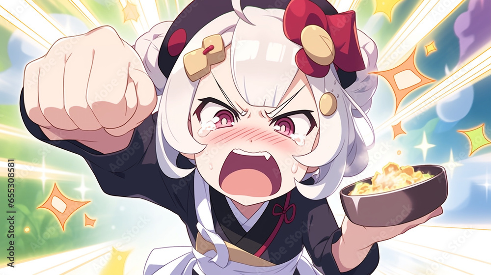 angry and embarrassed cute girl anime action pose, generative ai cooking uniform