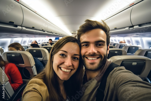 A couple taking a selfie with a mobile phone on board of plane. Smiling people having fun flying during the time on the airplane. Concept of happiness on airplane