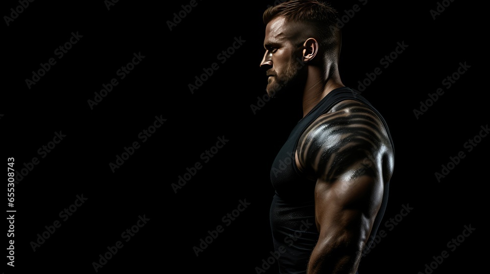 Muscle Man With Low Lighting Pose on Isolated Black Background