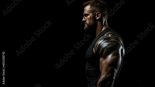 Muscle Man With Low Lighting Pose on Isolated Black Background