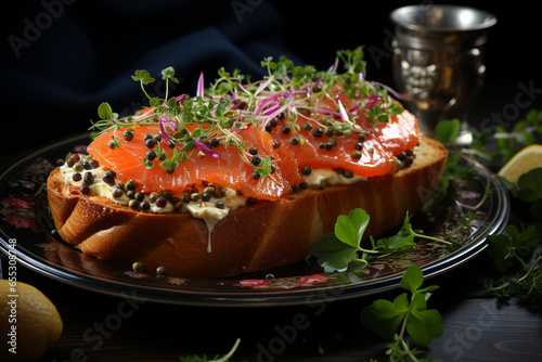 Bruschetta with salmon. Breakfast toast with cream cheese, salmon, capers and greens on a plate, macro close-up. Keto diet recipe. AI generative