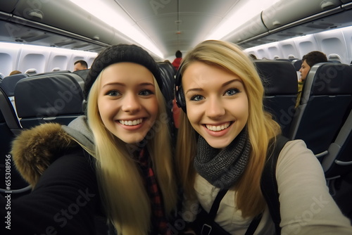 Two young girls taking a selfie with a mobile phone on board of plane. Smiling people having fun flying during the time on the airplane. Concept of happiness on airplane