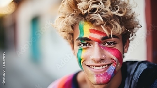 portrait of young handsome stylish smiling happy boy with LGBT flag painted on his cheek, holding LGBT ai generated