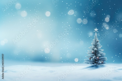 Beautiful Christmas tree with lights in abstract winter snowy landscape. Winter celebration background. Greeting card, banner concept with copy space for december holiday season. Happy New Year