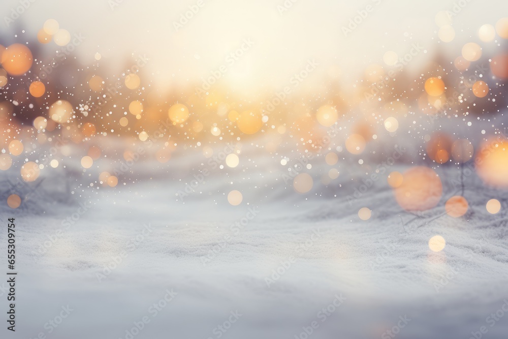 Snowfall texture on blurry background. Silver and gold abstract blurred bokeh lights. Christmas and New Year holiday backdrop with copy space - obrazy, fototapety, plakaty 