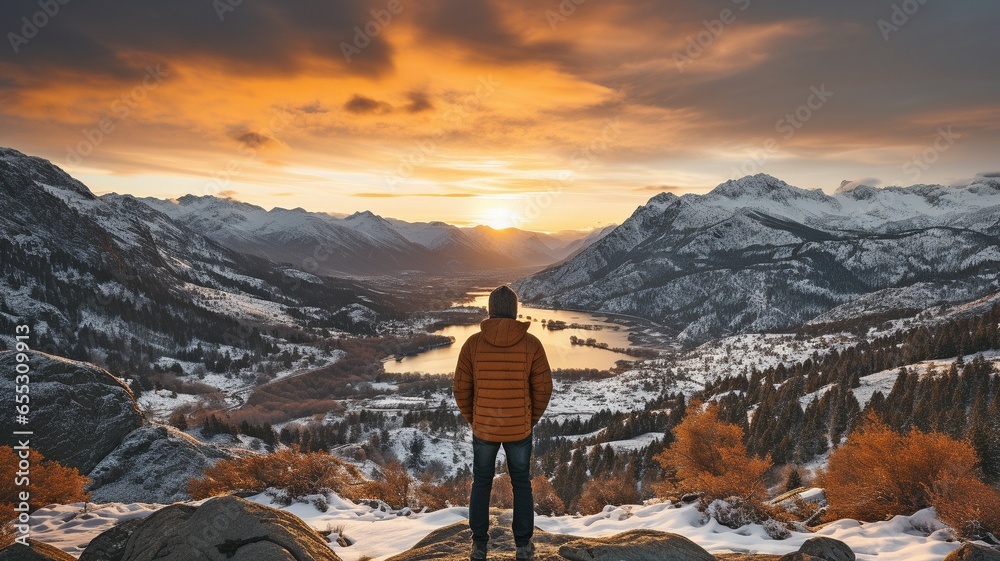 Person standing on a snow-covered ledge overlooking the stunning sunset vista of mountains. - obrazy, fototapety, plakaty 