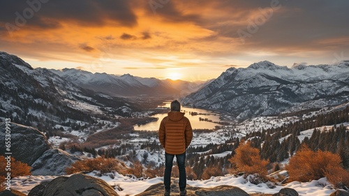Fotografia Person standing on a snow-covered ledge overlooking the stunning sunset vista of mountains