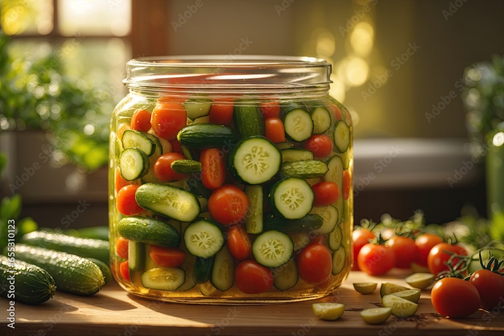 cucumbers and tomatoes pickled in a jar blanks. ai generative cucumbers and tomatoes pickled in a jar blanks. ai generative