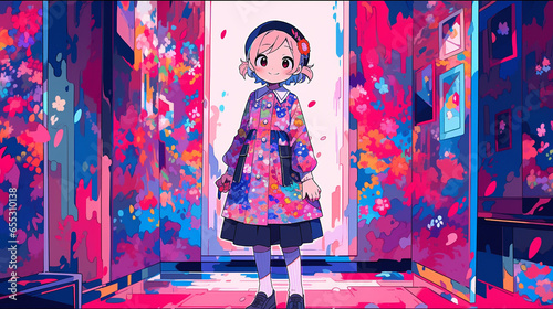 anime pose beautiful happy and shy girl home uniform,bright garden background generative ai