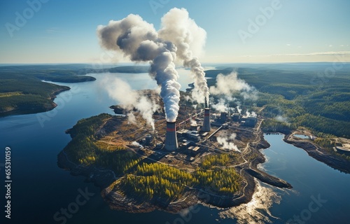 Three chimneys in a factory can be seen from above, and the factory is producing white smoke..