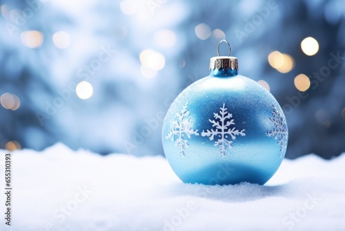 Blue christmas ball on abstract blurred background with golden bokeh lights and snow. New year decoration, festive atmosphere concept. Banner with copy space