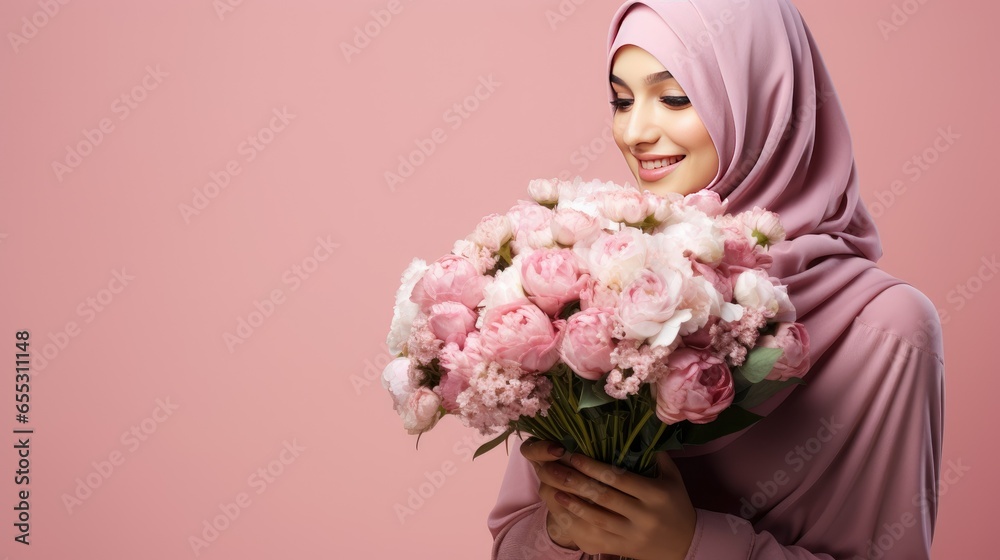 Beautiful Hijab Woman Holding a Bunch Flower Isolated Background