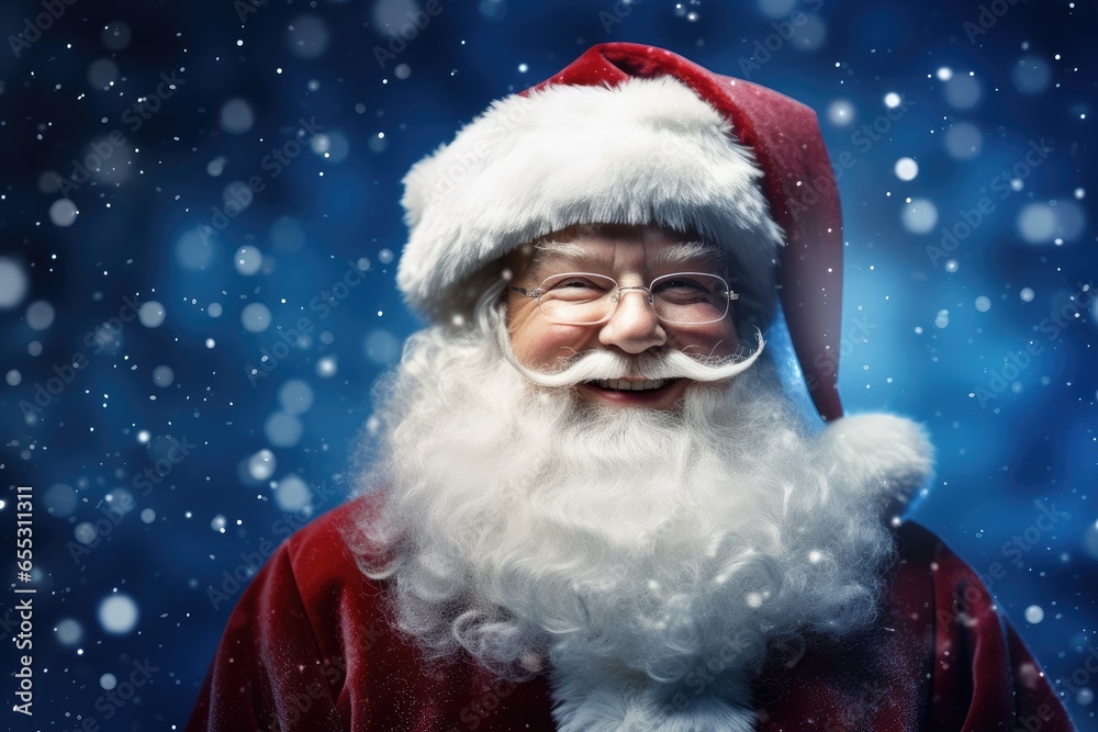 Happy Santa Claus in eyeglasses on dark blue blurred background with snow. Man in santa claus costume. Merry Christmas and happy New Year concept. Design for greeting card, banner, poster