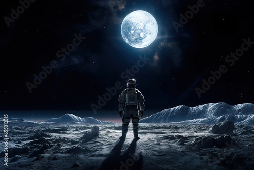An astronaut in a spacesuit and helmet with his back turned looks towards a bright blue earth like planet in the sky from the surface of a cold mountainous moon photo