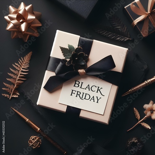 Black Friday sale concept. Top view of gift box with black bow on black background, mockup, generative ai