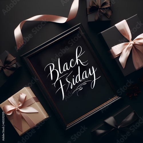 Black Friday Sale Concept, Lettering on a Black Background with Gift Boxes and Ribbon, mockup, generative ai