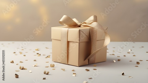 Beige Gift Box in front of a light Background with Copy Space. Festive Template for Holidays and Celebrations © drdigitaldesign