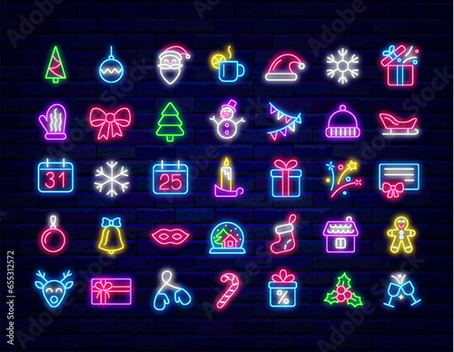 Merry Christmas and Happy New Year neon icons collection. Deer, candle and Santa Claus. Vector stock illustration