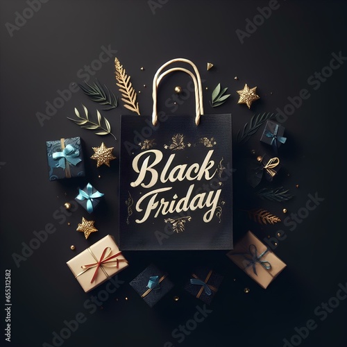 Black Friday Sale Banner with a shopping bag and Gifts on Dark Background, concept art, mockup, generative ai