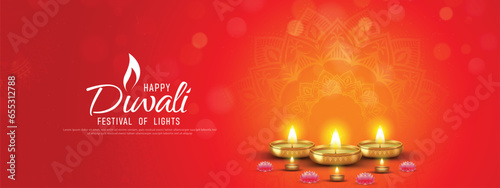 Happy Diwali - festival of lights colorful banner template design with decorative diya lamp.